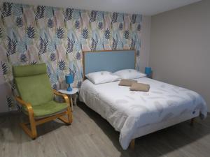 香槟沙隆Les Collinades de Chalons的一间卧室配有一张床和一把绿色椅子