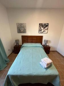 Caleta de InteriánChalet. Jardín, vistas, tranquilidad的一间卧室配有一张带绿色棉被的床