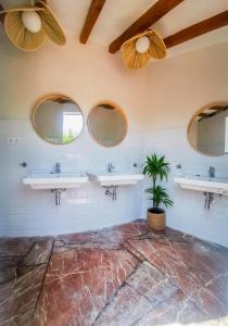 罗达德瓦拉Arc de Bará Camping & Bungalows的浴室设有三个水槽和盆栽植物