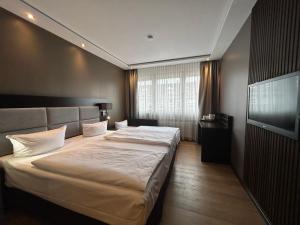 卡尔斯鲁厄卡尔门酒店的一间卧室配有两张床和一台平面电视