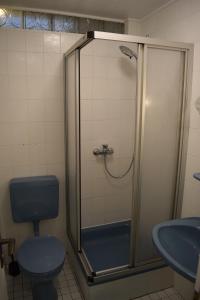 迈内尔茨哈根Gasthof Bittner的蓝色卫生间和水槽淋浴