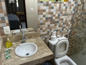 皮雷诺波利斯Pousada Sunflower的一间带水槽、卫生间和镜子的浴室
