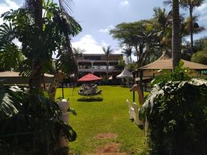 MeruGatimene Gardens Hotel的一座种有草和棕榈树的院子和一座建筑