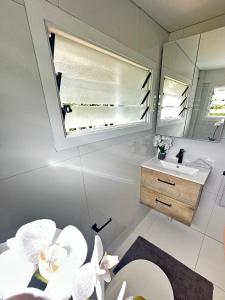 拉罗汤加Muri Villas的一间带水槽和镜子的浴室