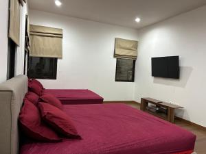 Gadok 1Five Leo’s villa的一间卧室配有两张红色的床和电视