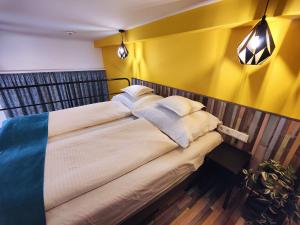 布达佩斯特大号床公寓的黄色墙的房间里一张床位