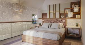 卡斯特里Sandals Regency La Toc All Inclusive Golf Resort and Spa - Couples Only的一间卧室设有一张带石墙的大床