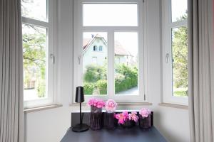 万根伊姆阿尔戈伊4K的一组花瓶,在窗前的桌子上摆放着粉红色的花朵