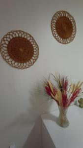 弗洛里亚诺波利斯Insta Hostel Floripa的墙上有三个板,花瓶