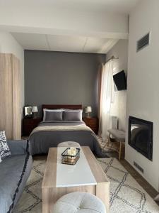 埃拉蒂特里卡隆Lagos Apartment的一间卧室配有一张床、一张沙发和一张桌子