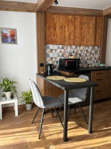 KotowskМіні-готель的厨房配有黑色的桌子和两把椅子