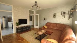 斯拉沃尼亚布罗德Apartman Majur的一间带棕色真皮沙发的客厅和一间厨房