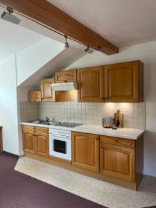 弗拉绍Appartement Stahlhammer的厨房配有木制橱柜和炉灶烤箱。