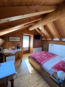 巴尔德马奇林娜住宿加早餐旅馆的一间带一张大床的卧室,位于一个拥有木制天花板的房间