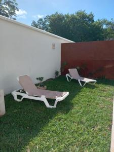坎昆Villas Carlota Cancún的两把躺椅坐在墙上的草地上