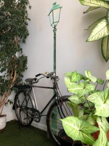 里斯本Living Lounge Hostel的停在灯杆旁的自行车