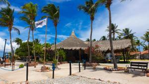 San Pedro de Coche撒索勒蓬布兰卡酒店的棕榈树和旗帜海滩上的度假村