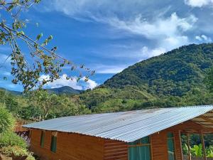 ProvidenciaCabaña Paraíso Verde的一座有金属屋顶的建筑,背景是群山