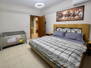 地拉那Apartment in Skanderbeg Square - Tirana Center 2的卧室配有一张床,墙上挂有绘画作品