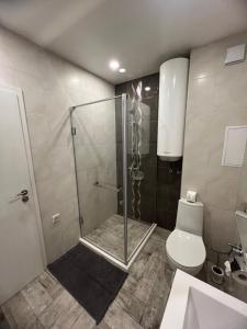 瓦尔纳Apartment Stella的带淋浴、卫生间和盥洗盆的浴室