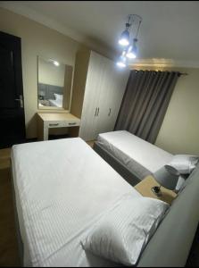 开罗Ocean Blue Luxury serviced Hotel Apartments的酒店客房,设有两张床和镜子
