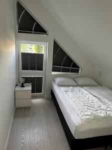 SøgneÅrossanden hytte nr 4 O的一间卧室设有一张床和两个窗户。