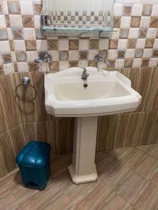 阿鲁特伽马JJ VILLA ALUTHGAMA的浴室设有白色水槽和蓝色凳子