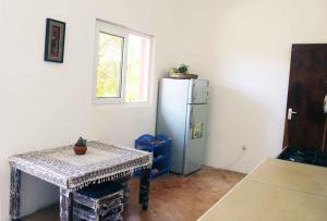 瓦塔穆Manasha Apartment 1的厨房配有冰箱、桌子和窗户。