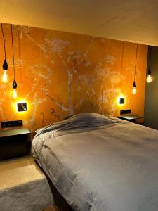 阿姆斯特丹KELLY'S ROOM EUPHRATE HOUSEBOAT的一间卧室配有一张灯光床