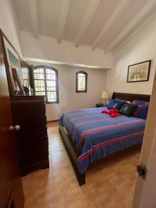 El Morro de BarcelonaPueblo Viejo Lecheria的一间卧室配有一张蓝色棉被和两个窗户。