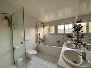 VésenazLe Cottage的浴室配有盥洗盆、卫生间和浴缸。