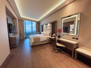 蒙特雷Safi Royal Luxury Metropolitan的一间卧室配有一张床、一张书桌和一面镜子