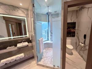 蒙特雷Safi Royal Luxury Metropolitan的带淋浴、盥洗盆和卫生间的浴室