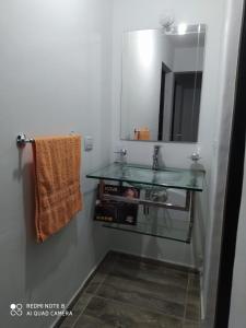科尔多瓦Casa 3 dormitorios. - Barrio Valle Cercano的一间带玻璃水槽和镜子的浴室