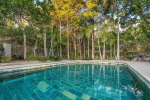 拜伦湾A Perfect Stay - 11 James Cook Apartments的一座绿树成荫的蓝色游泳池