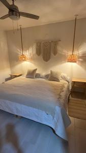 NautlaBoca de agua Villas的一间卧室配有一张带两个灯的大床