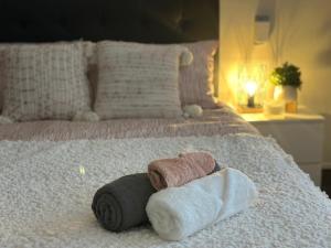 奥克兰Eden Lodge的一张带两条毛巾和一条毛巾的床