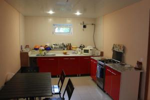 拉扎列夫斯科耶思嘉莱特旅馆的厨房配有红色橱柜和炉灶烤箱