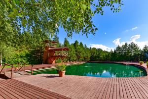 AntakalnisAerodream Trakai的一个带木甲板和树的游泳池