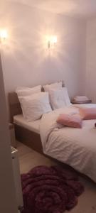 伯伊莱海尔库拉内Pensiunea Vila Geany SRL的卧室配有2张带白色枕头和地毯的床。