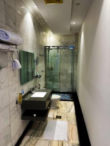 吉达فندق النجم الأزرق - Blue star hotel的带淋浴、盥洗盆和卫生间的浴室