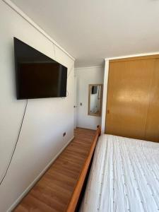 科皮亚波Exclusivo y cómodo departamento的一间设有床铺和壁挂平面电视的房间