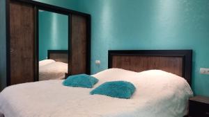 萨克德佐尔镇Cottage Green Garden的一张带两个蓝色枕头和镜子的床
