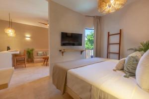 奥尔沃克斯岛Aparthotel Onda Maya - Adults Only的一间卧室设有一张床和一间客厅。