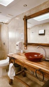 佩雷拉Tuki Hostel & Lounge的一间带木制水槽和卫生间的浴室