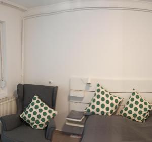 久洛Hársfaapartman és vendégház的客厅配有椅子和4个枕头