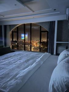 杜尚别Hotel Panorama的一间带一张大床的卧室,享有城市景观