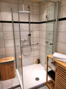 萨尔布吕肯schöne, modernisierte Wohnung - Dudweiler的浴室里设有玻璃门淋浴
