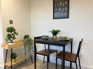 埃普瑟姆Magnificent Refurbished 1 Bed Flat few steps to High St ! - 4 East House的一张黑色桌子和椅子,上面有植物