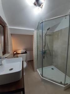 布拉索夫R-House的一间带玻璃淋浴和水槽的浴室